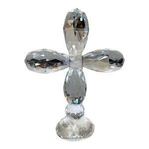 Oleg Cassini Signed Crystal Cross Religious Sculpture Paperweight Faceted 7"